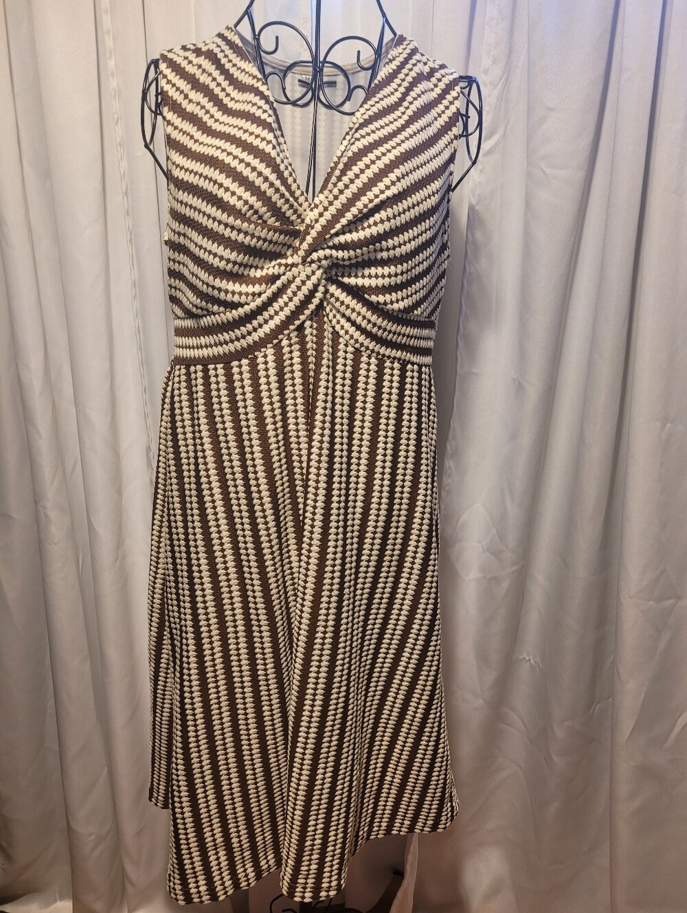 Brown And Cream Striped Knit Pencil Flowy Dress. Textured Bodycon.Slimming Waist